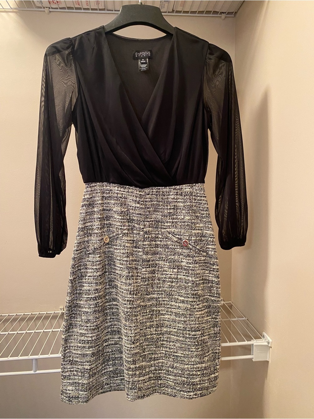 Enfocus Studio Black Sheer Long Sleeve Wrap Top Skirt Dress Size 6